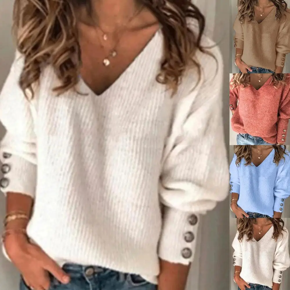 Women Sweater Autumn Winter Buttons Cuff Knit Ribbed V Neck Long Sleeve Pullover Top Women's Clothing