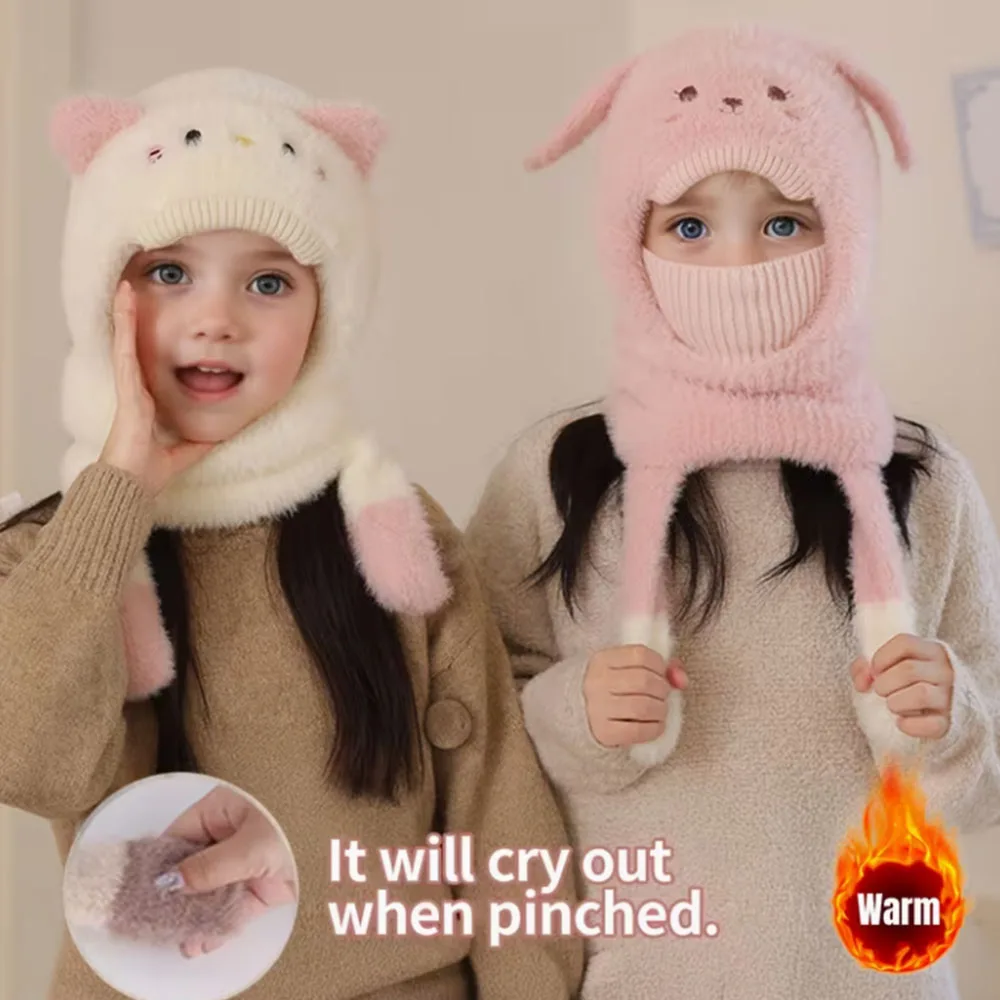 

2-6Y Winter Hat Mask & Scarf Combo - Plush Animal Ear & Paw Print Face Cover, Stretchable Snug for Cold Weather & Outfits