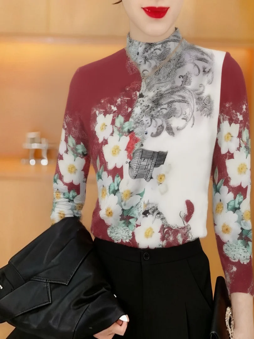 

Fleece Lined Long Sleeve Print Base Shirt Women's Mid-aged And Elderly Style Slimming Anti-aging Mommy's Fashion Top