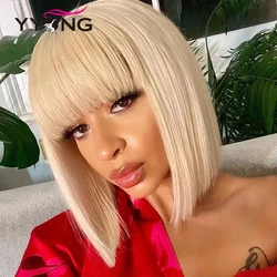 Yyong Blond Bob Wig 613 Straight Short Bob Wig With Bangs 100% Human Hair Brazilian Remy Wigs For Women 180% Honey Blonde Color