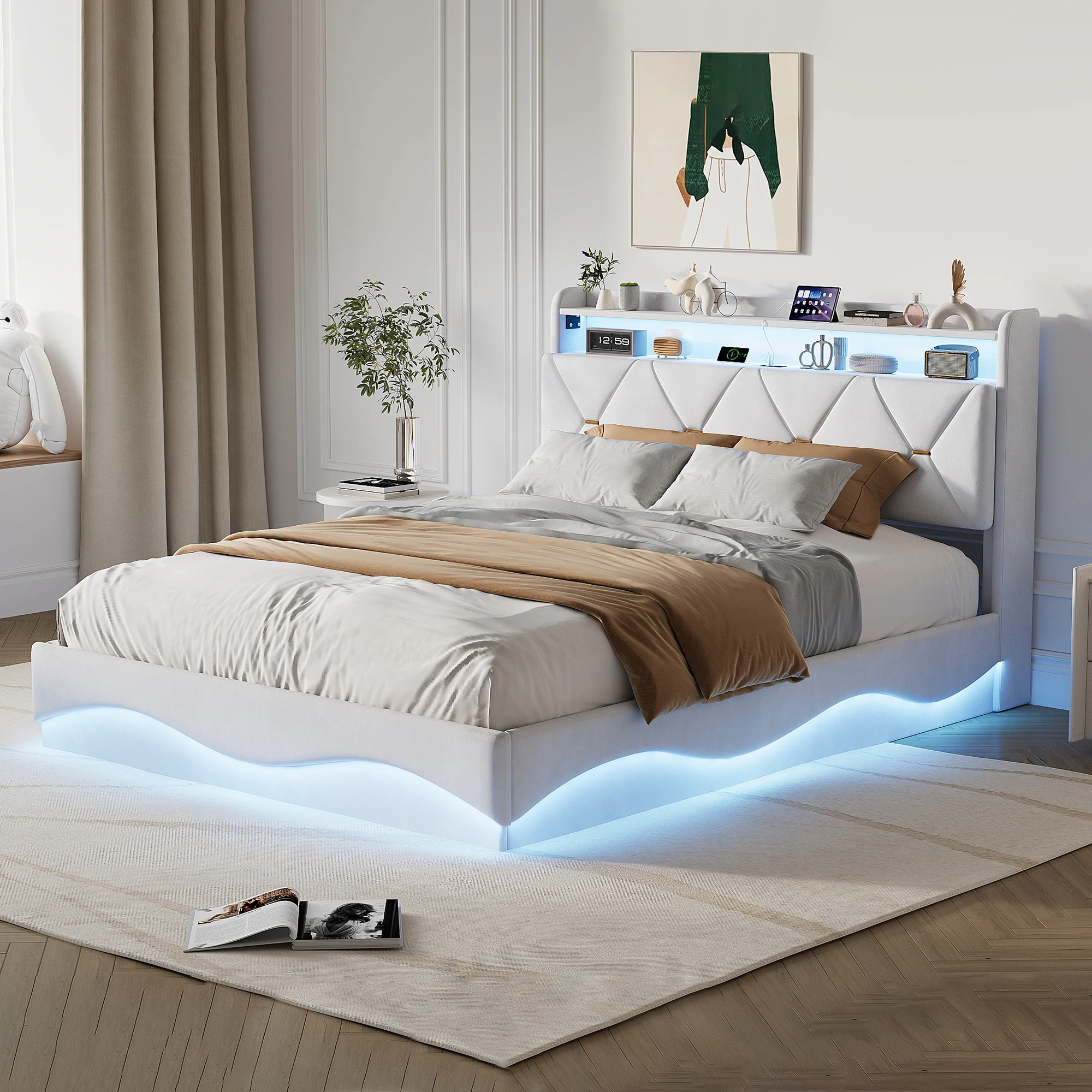 Letto matrimoniale con contenitore Simurq 140/160x200cm | Letto imbottito con testiera a onda con luci LED RGB, porta USB di tipo C e vano portaoggetti, struttura letto idraulica in velluto