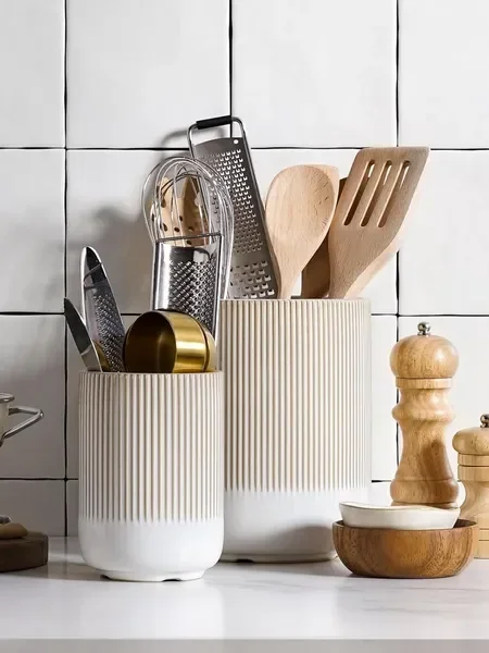 Utensil Holder for Kitchen Counter, 7.3'+5.4' Fluted Ceramic Utensil Crock Organizer for Countertop, Heavy Large Holder for Spat