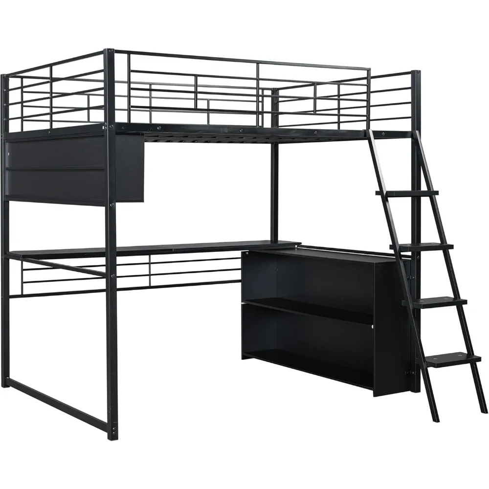 Full Metal Loft Bed with Desk and LED Lights, Full Size Loft Bed with L Shaped Desk & Storage Shelves for Teens Adults Black