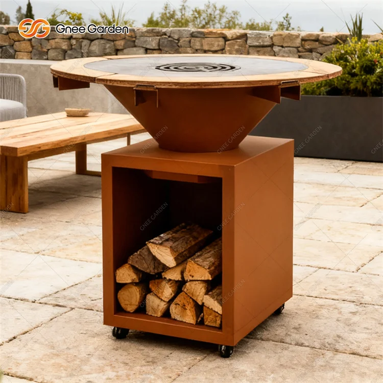 Modern Garden Rust Corten Steel Fire Pit Heavy Duty BBQ Grill with Trolley for Outdoor Firewood Use