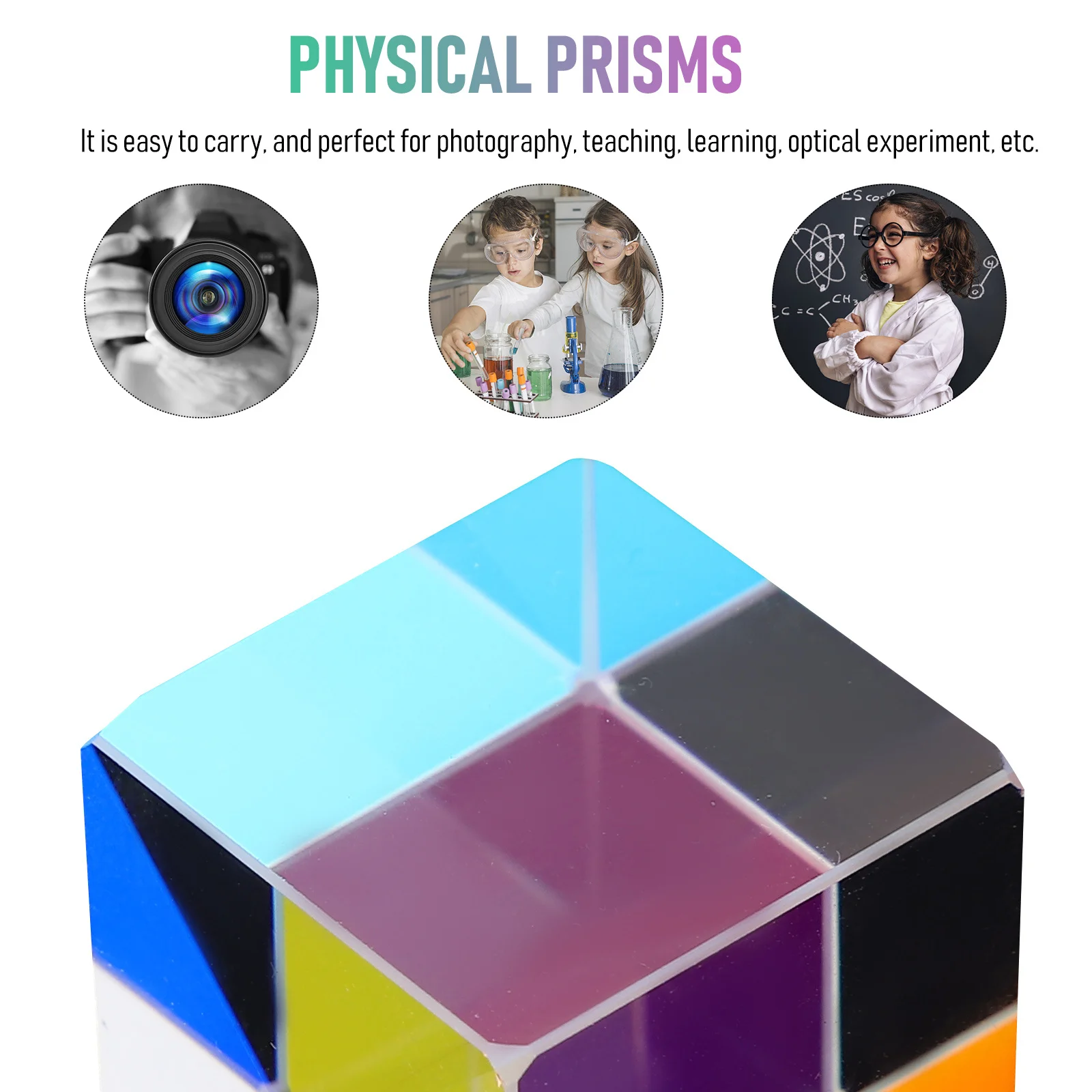 

Optical Crystal Glass Prisms Cube Shape Durable Stained-Glass Panels Kaleidoscopic Pattern Optical Experiment Teaching Tool