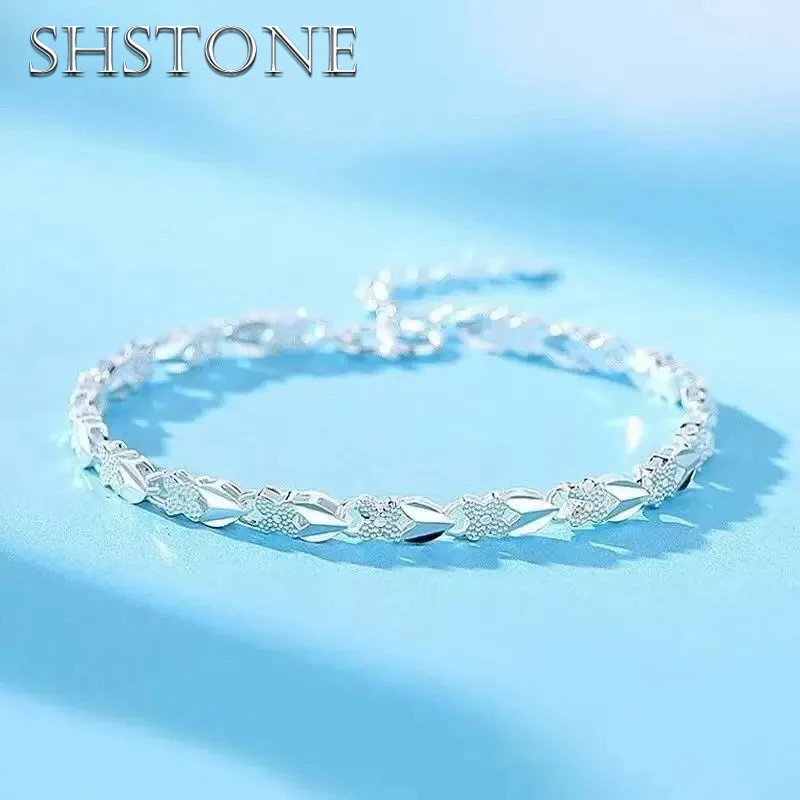 

SHSTONE 925 Sterling Silver Heart Leaf Bracelets For Women Wedding Lady Noble Pretty Fine Jewelry Fashion Nice Chain 20cm 8inch