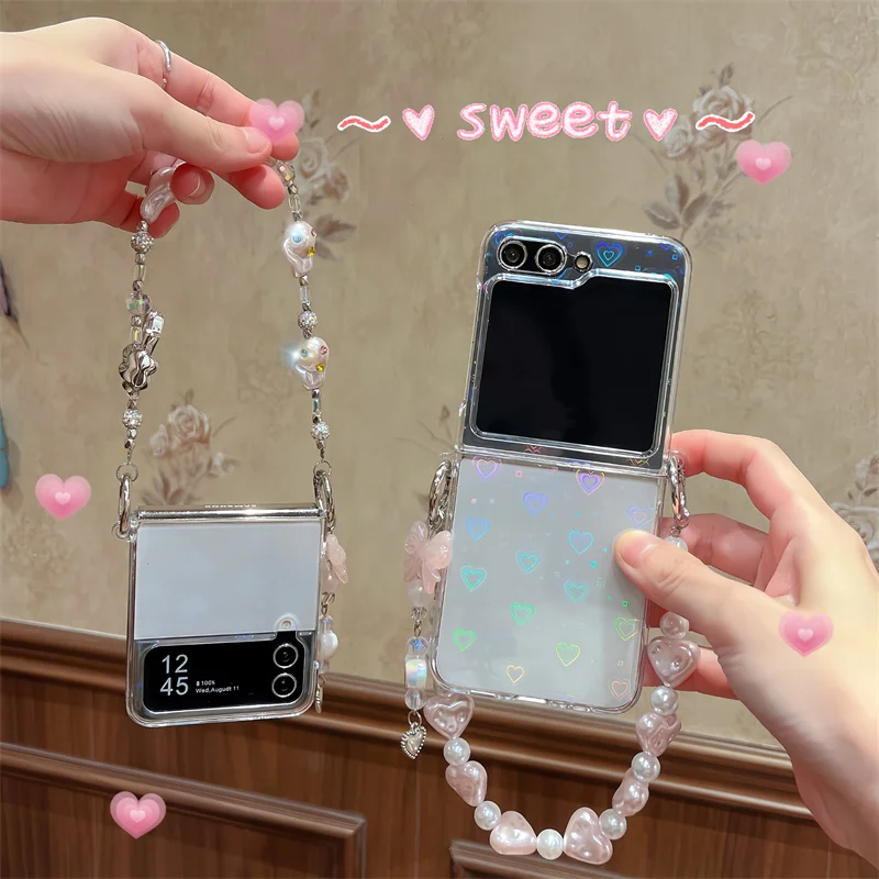 Luxury Pink Bracelet Phone Case For Samsung Galaxy Z Flip 6 5 Case Laser Love Heart Cards Clear Hard Cover For Galaxy Z Flip 4 3