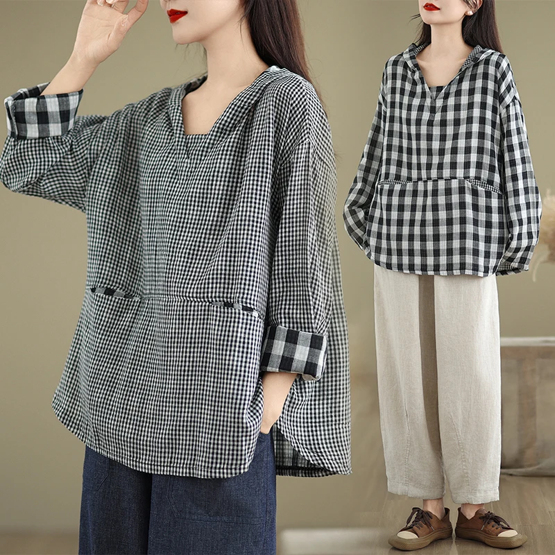 

Свободная клетчатая хлопковая льняная художественная женская футболка больших размеров, утягивающий топ, двухслойный хлопковый топ Tead Long Sve