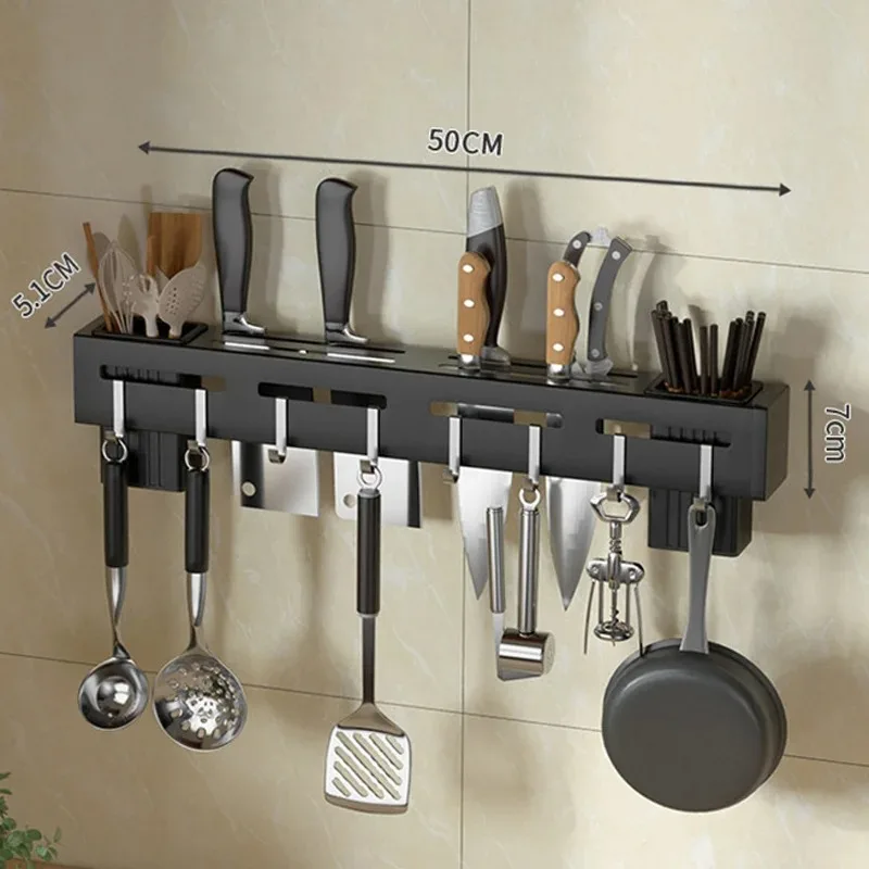 Stainless Steel Frame Wall Mounted Knife Holder Kitchen Nail Free Storage Rack Knife With Hook Kitchen Cabinet Storage Rack