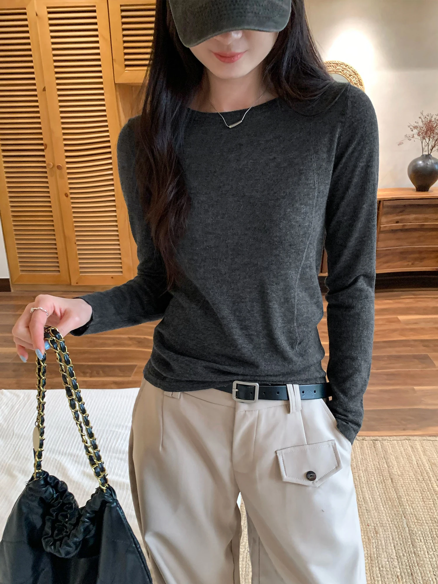 

Elegant Woolen Knitted Base Layer Top for Women Long Sleeve Commute Style Soft Polyester Fiber Blend Casual Simple Design