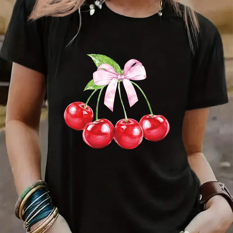 

Хлопок, 100% летняя новинка, кокетка с вишней и бантами, Kawaii Cherry Aesth, женская одежда, топы в стиле Харадзюку, футболки с графикой
