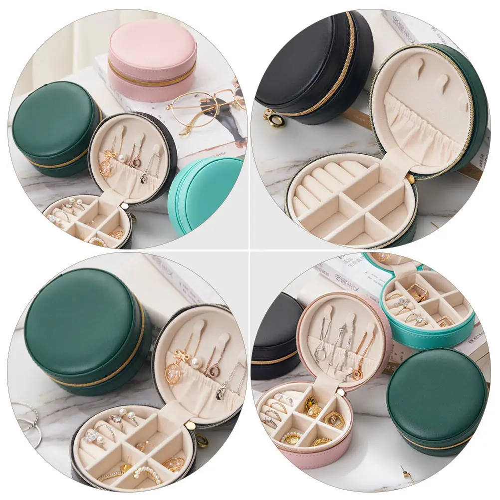 

Round Jewelry Box PU Storage Case Organizer for Necklaces Earrings Rings Holder Travel Container Desktop Decoration