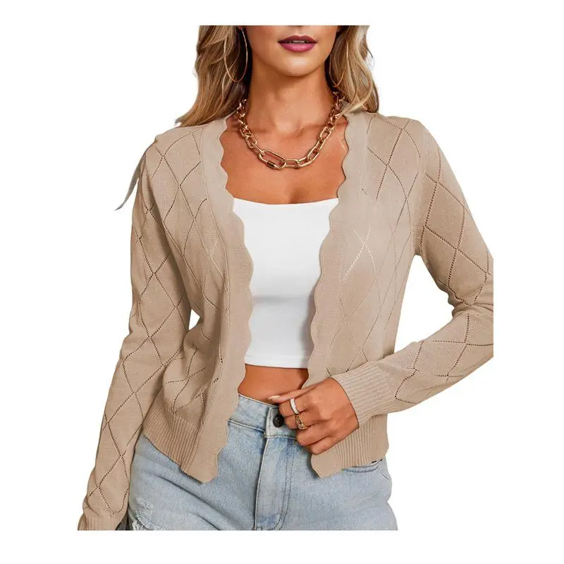 CYL-Women's Long Sleeve Cropped Cardigan Sweaters Open Front Hollow Out Shrugs
