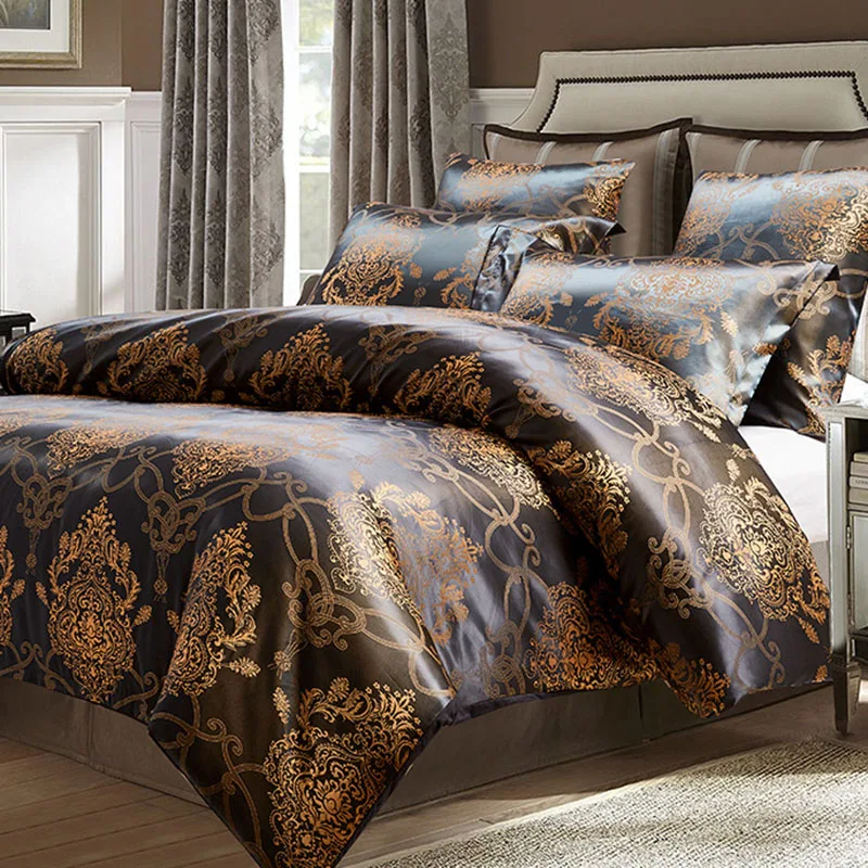 European Satin Jacquard Quilt Cover Set Luxury Skin-Friendly Duvet Cover Kit for Four Seasons Comfort Silky Bedclothes for Home