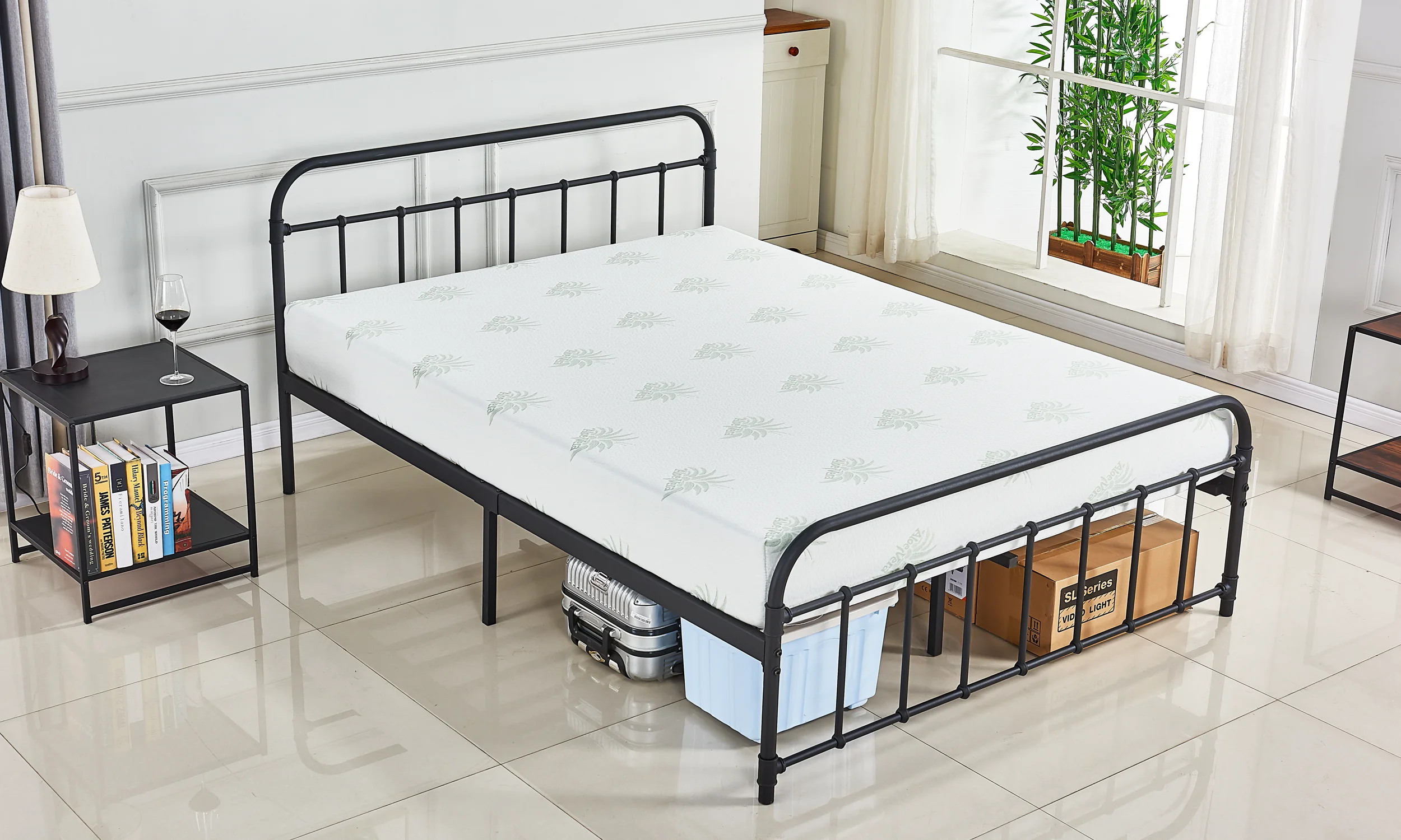 Metal Bed Platform Queen Size Frame with Headboard/No Boxspring Needed/Mattress Foundation