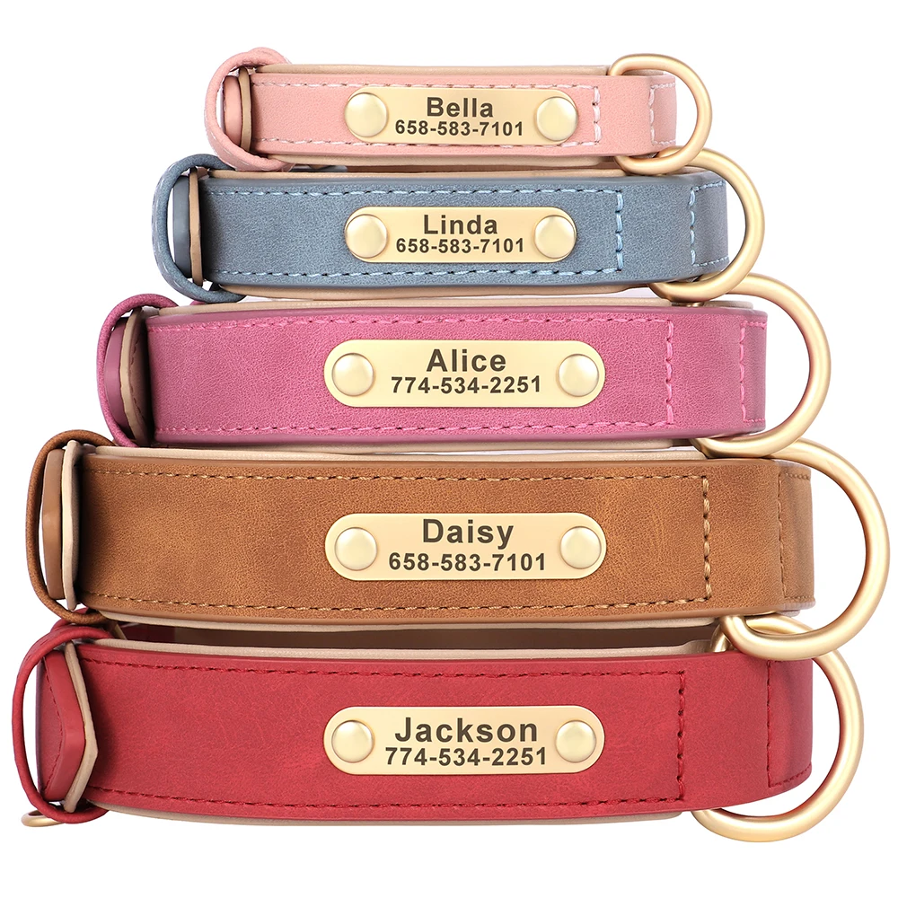 Custom PU Leather Dog Collar Leash Set Personalized Dog Collars Free Engraved Nameplate for Small Medium Dogs Pitbull Labrador