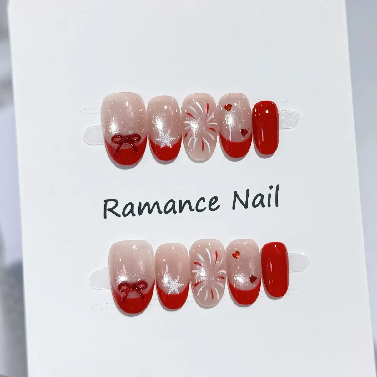 10 Stück handgemachte rote französische Nägel zum Aufdrücken, Weihnachten, Katzenauge, künstliche Nägel, tragbar, europäischer Winter, Glitzer, Diamant-Dekor, künstliche Nägel