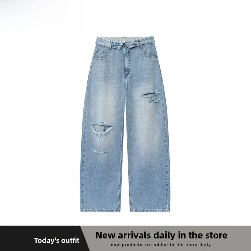 Faionable Versátil cintura média com punho jeans Street Sle outono 2025 calças casuais femininas l botão de cintura poliéster...