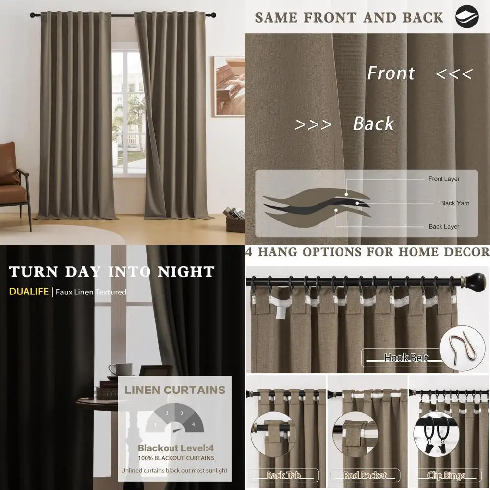 

Extra Long Chocolate Brown Flax Linen Curtains, 132 Inches, Ideal for 11 Ft High Ceilings, Pleated Back Tabs, Rod Pocket Design