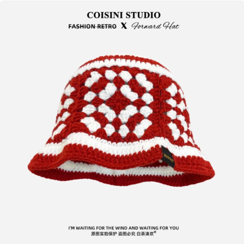 

Korean Version of Ins Hand-crocheted Cut-out Bucket Hat Women Autumn and Winter Fashion Warm Color-blocking Knitted Basin Caps