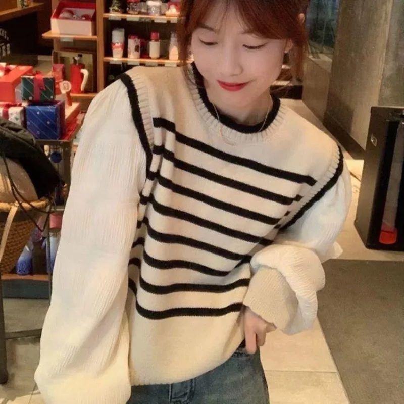 Black and white striped fake two-piece knitted sweater women spring and autumn Korean soft glutinous pullover sweater female