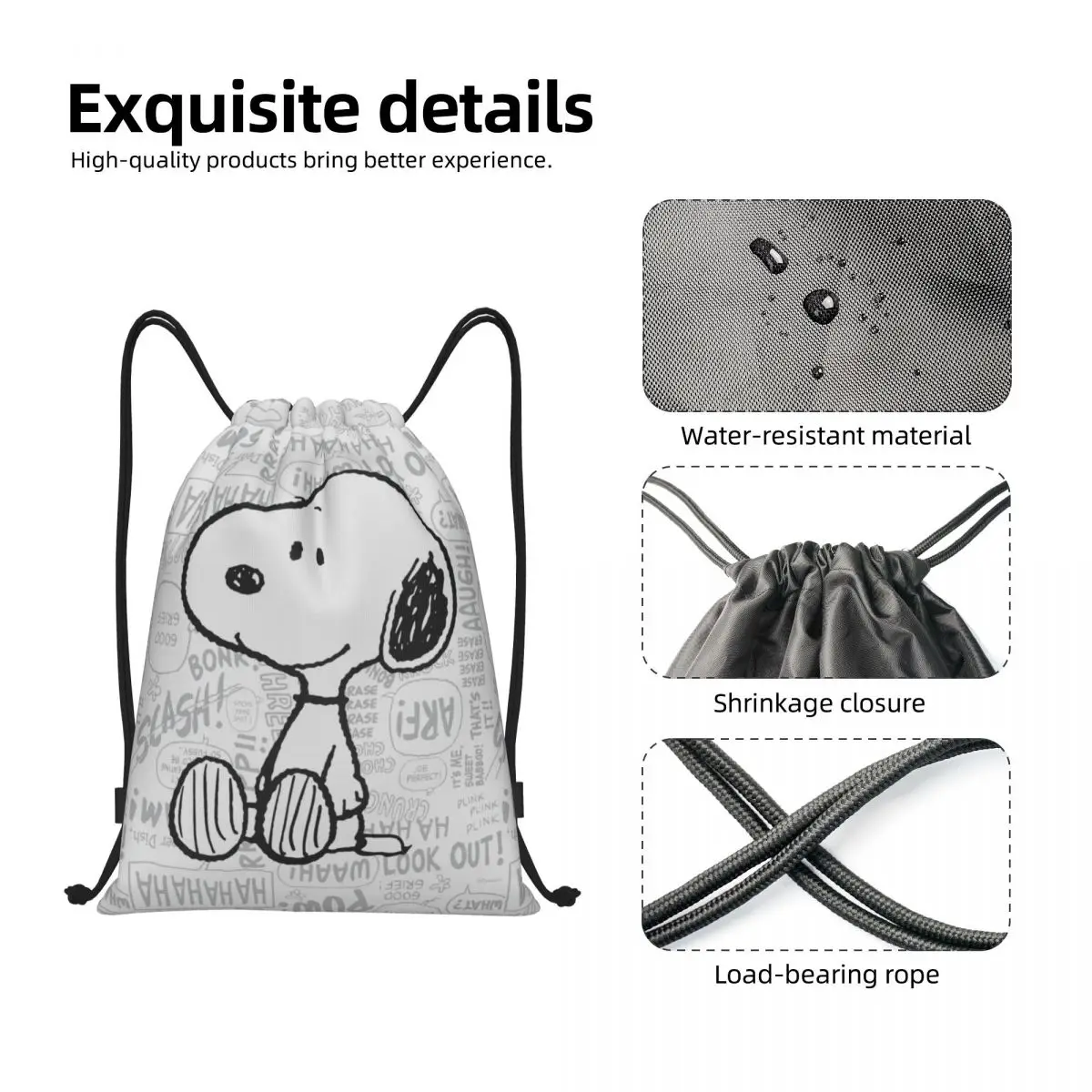 Custom Snoopys On Black White Comics Drawstring Backpack Women Men Gym Sport Sackpack Portable Peanuts Shopping Bag Sack