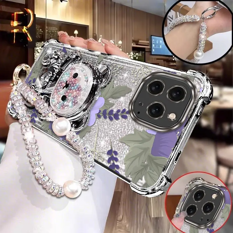 

16ProMax Purple flowers Plating Bracelet Holder Phone Case For iPhone 16ProMax 15ProMax 13Pro 14Pro 13 16 16Pro 14 15 15ProCover