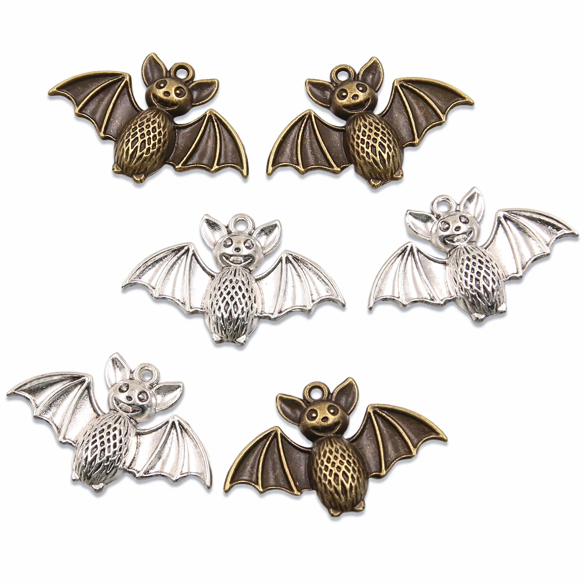 6PCS 25*39mm Metal Alloy Two Color Chubby Bat Charms Halloween Animal Pendant For Jewelry Making DIY Handmade Craft