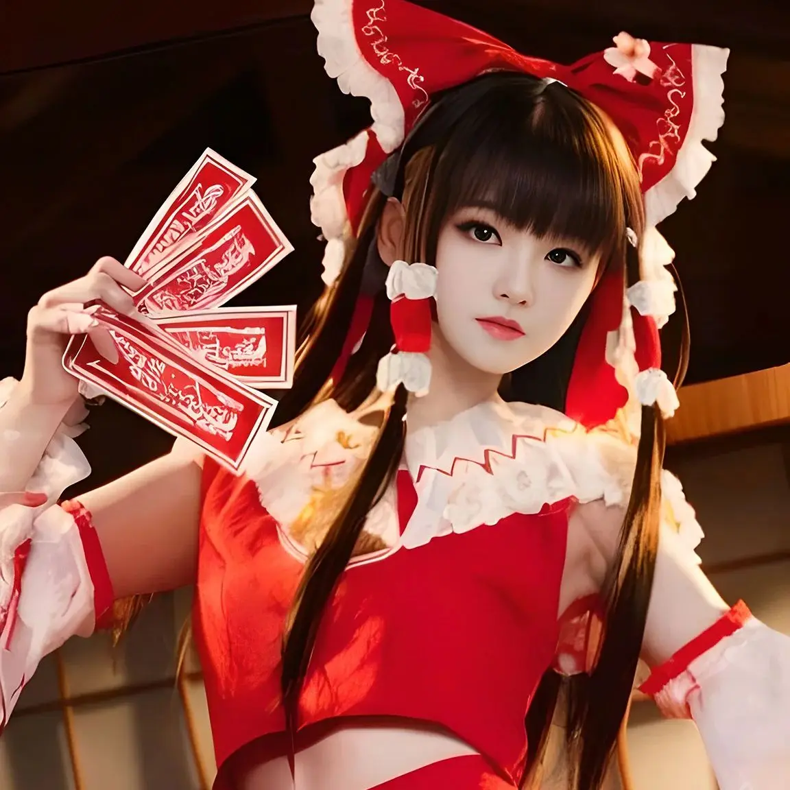 Peluca de Cosplay de Anime Touhou Project Hakurei Reimu, peluca sintética de pelo largo marrón oscuro de 60CM + gorro de peluca, peluca para fiesta de Halloween