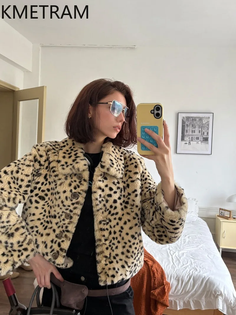 KMETRAM Natural Rabbit Fur Coat Women 2026 Luxury Leopard Print Turndown Collar Winter Jacket Women Real Fur Coats Шуба Женская
