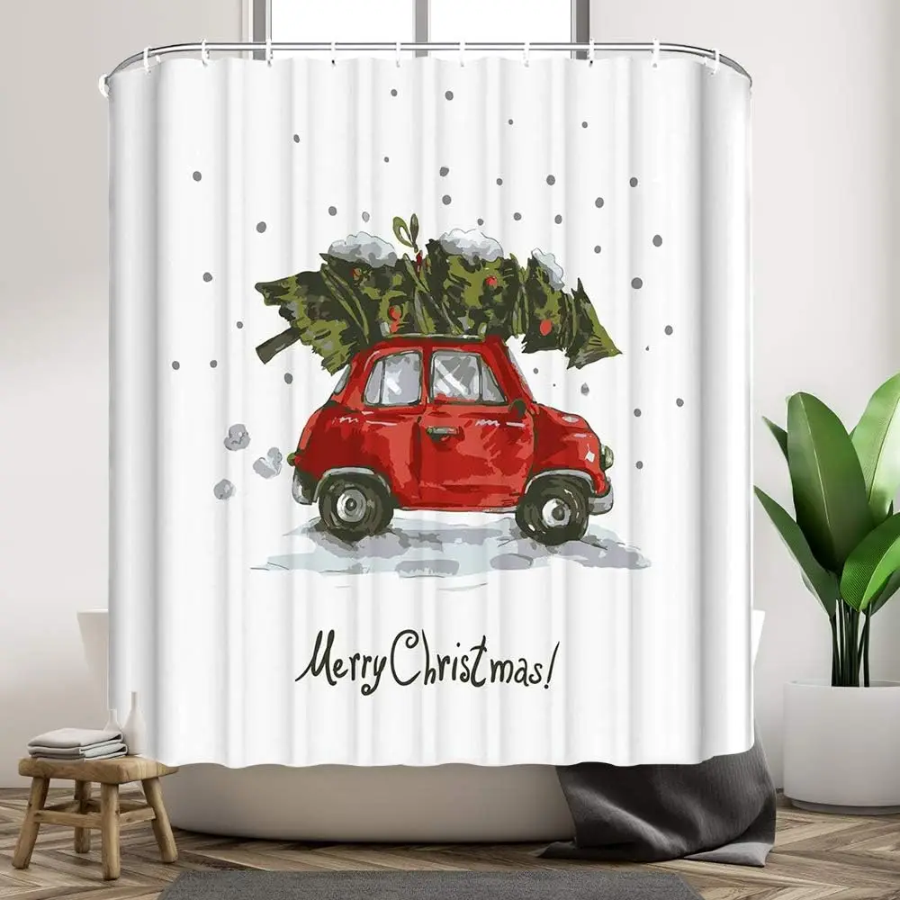 

Красная шторка для душа с рождественской елкой и винтажным снежным принтом для декора ванной комнаты