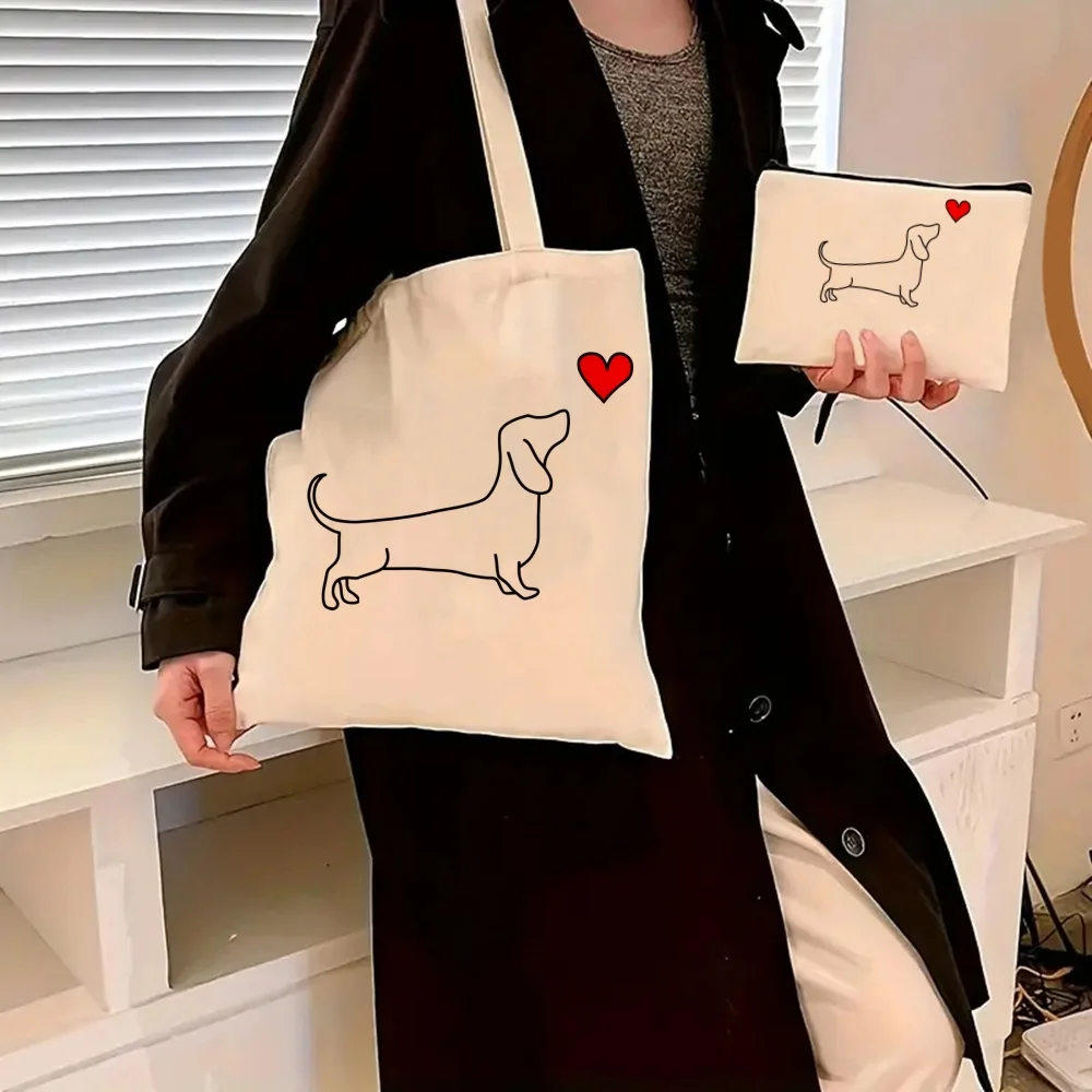 2pcs/set Dachshund Teckel Cute Dog Print Tote Bag, Large Capacity Shoulder Bag, Women's Casual Handbag for Work School Shopping