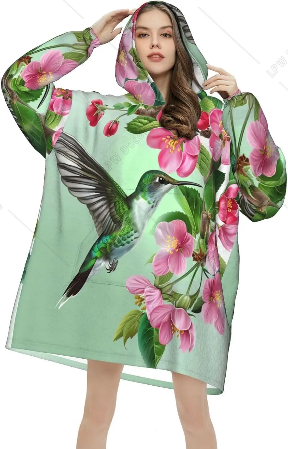 Spring Flower Hummingbird Wearable Blanket Hoodie Bird Floral Oversized Sweatshirt Blanket Cozy Warm Sherpa Hooded Blanket