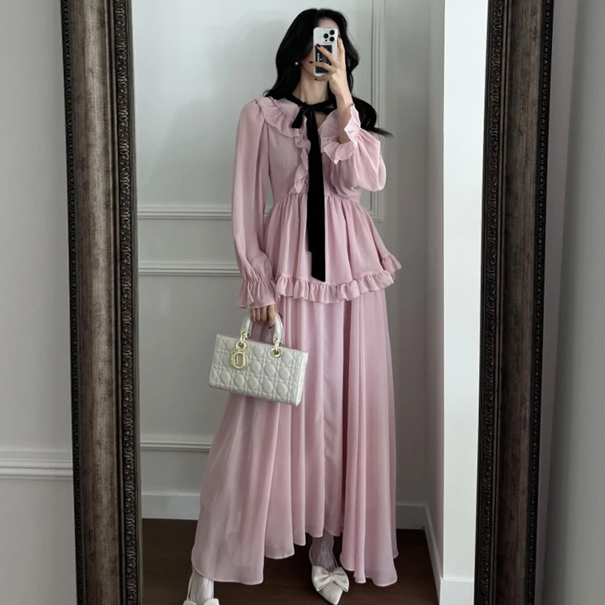 

Aulic Bow French Ruffled Chiffon Dress Maxi Vestidos De Fiesta Vintage Off White Pink Korean Elegant A-line V-Neck Robe Longue