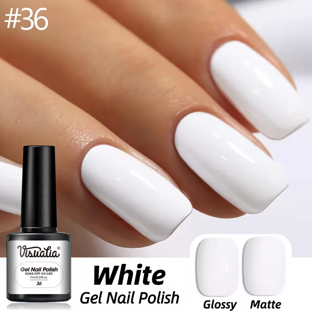 Visuatia # 36 Pure White Nail Gel 7ml, UV-LED removable phototherapy gel. Salon-grade solid white nail polish, easy to apply even for beginners, covers the natural nail surface. It is the first choice for simple solid colors and is also suitable for painting and color mixing, making it a top choice for nail art enthusiasts