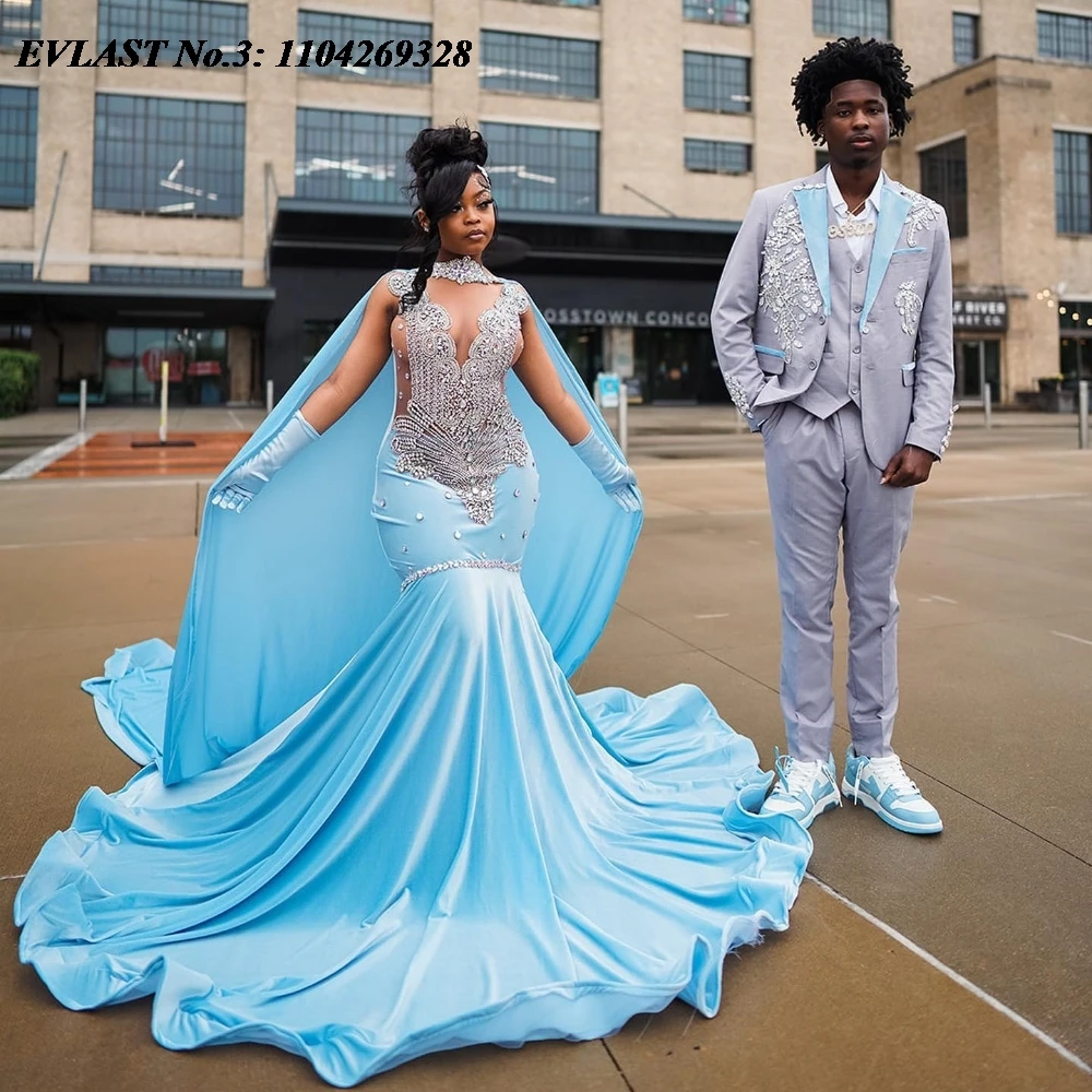 

EVLAST Customized Luxury Sky Blue Mermaid Prom Dress For Black Girls Silver Crystal Beaded Cape Party Dress Evening Gown E3P33