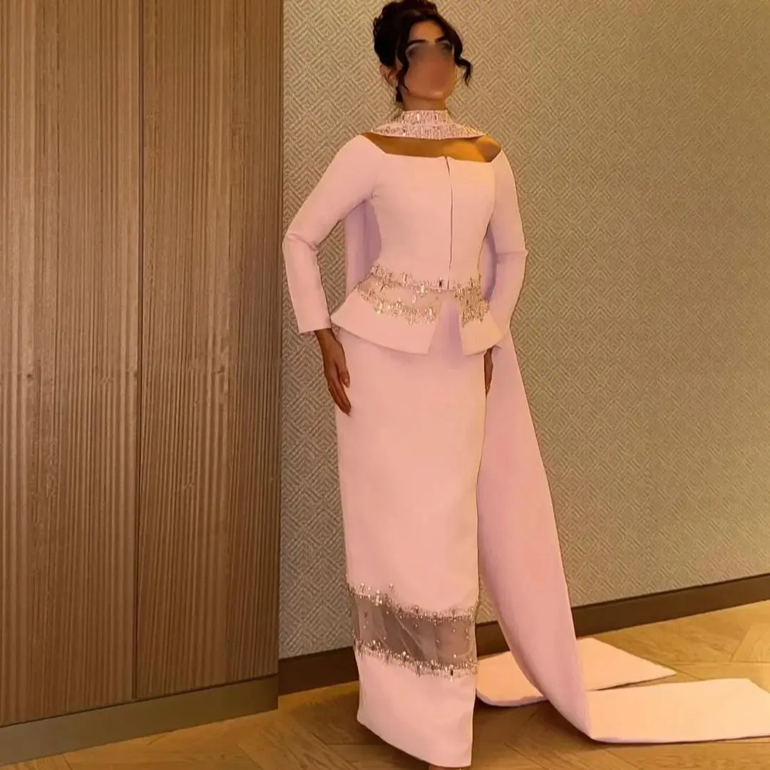 Vestidos de Noche rosas de manga larga con hombros descubiertos, vestido de fiesta con lentejuelas y cuentas, vestido de invitados de boda personalizado de Arabia Saudita
