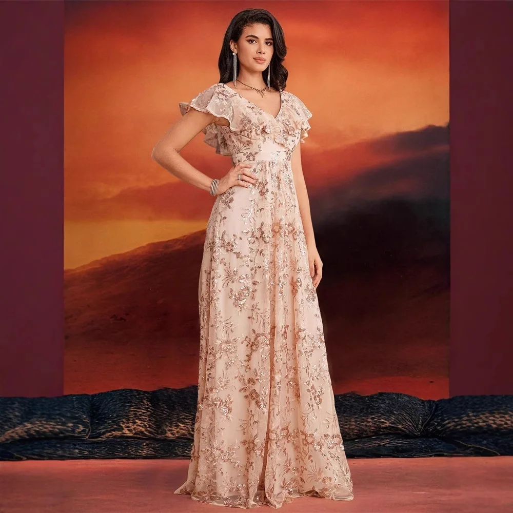 Abito da damigella d'onore con scollo a V, maniche a volant trasparenti, paillettes floreali oro rosa, in tulle, linea ad A, rosa cipria, con strascico, per matrimonio in giardino
