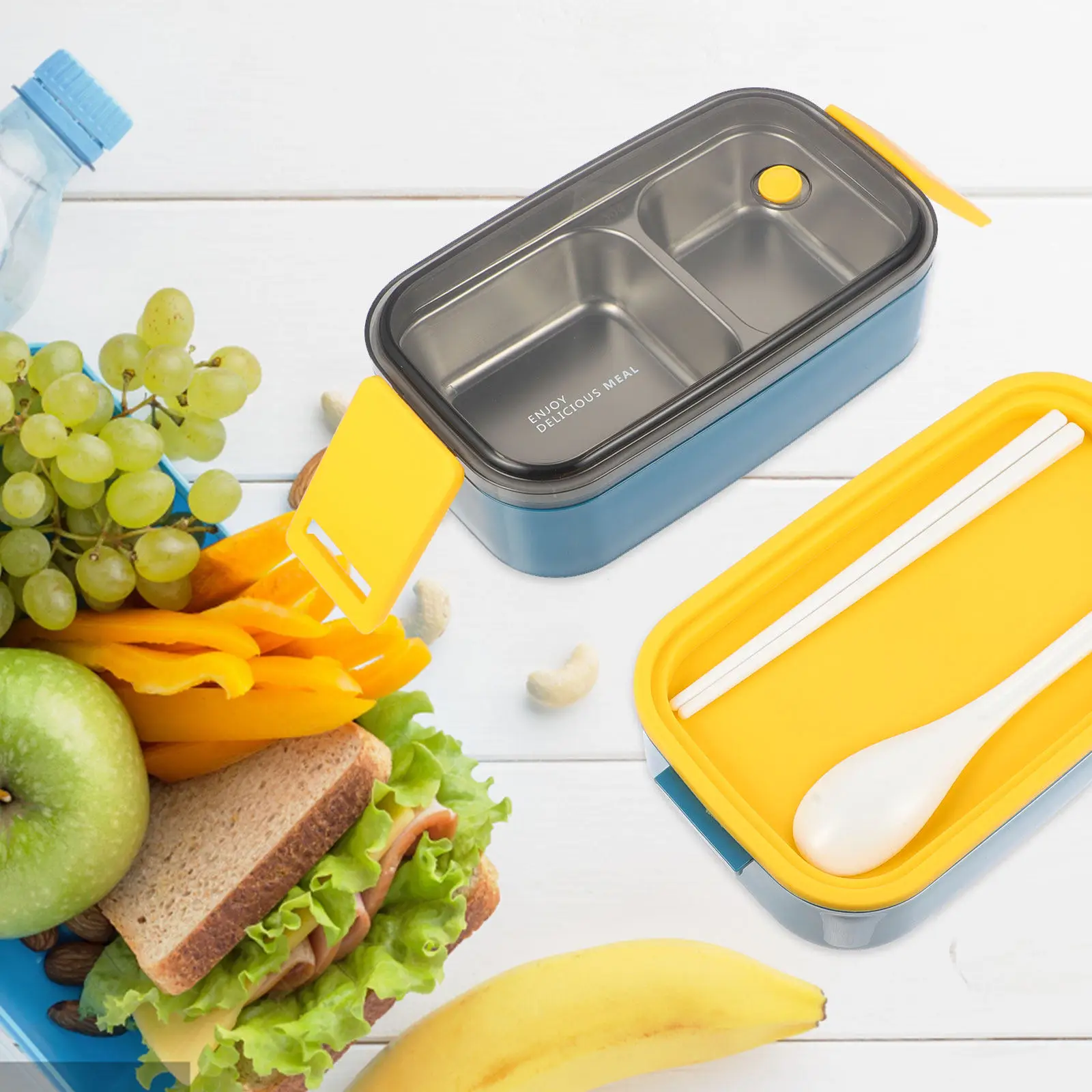Stainless Steel Bento Lunch Box Double Layer Food Container with Handle for School Office Picnic