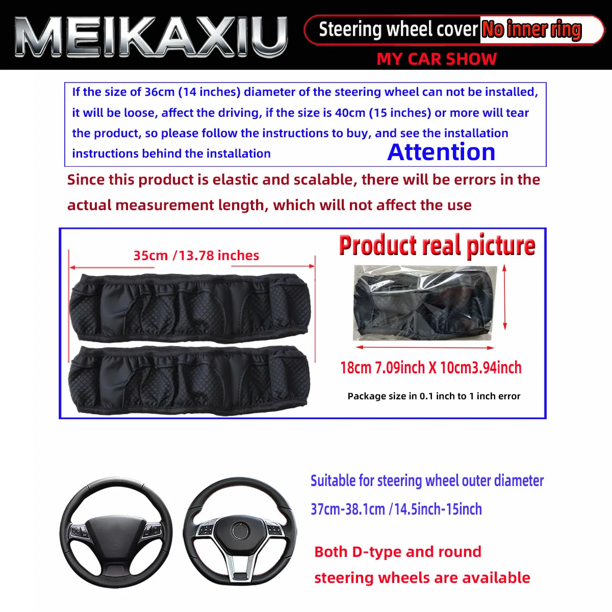 2PCS of PU leather checkered car rimless steering wheel covers suitable for 14.5 - 15 inches (38 cm) in different colors f