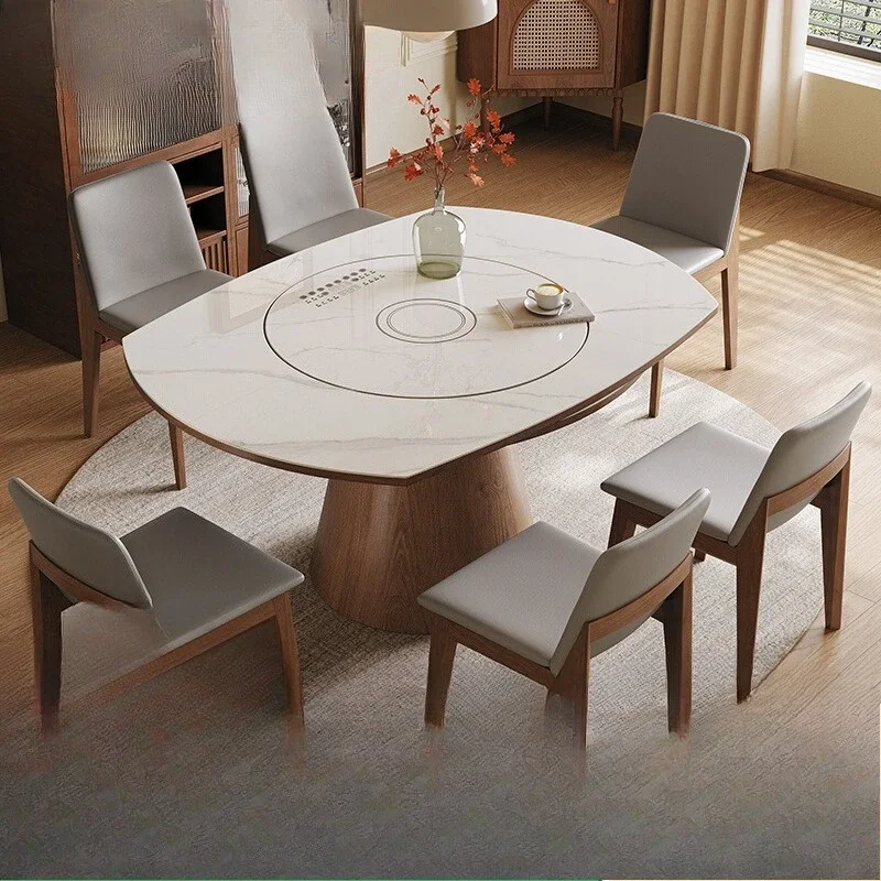 

retractable folding dining table household small apartment embedded induction cooker turntable solid wood rock board