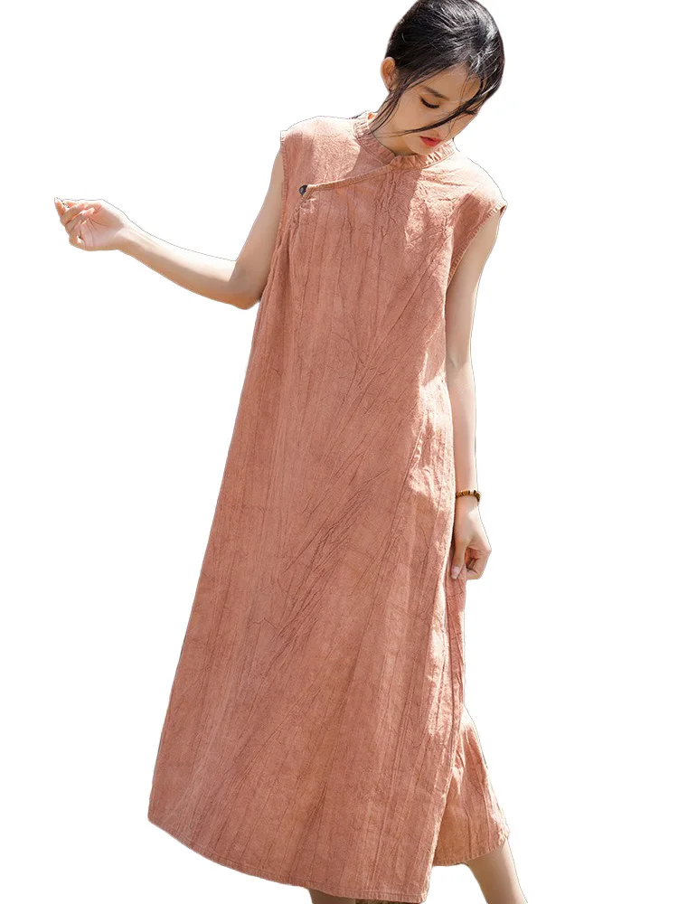 Tie Dye Asymmetrical Sleeveless Midi Dress Women Loose Summer Linen Cotton Dresses