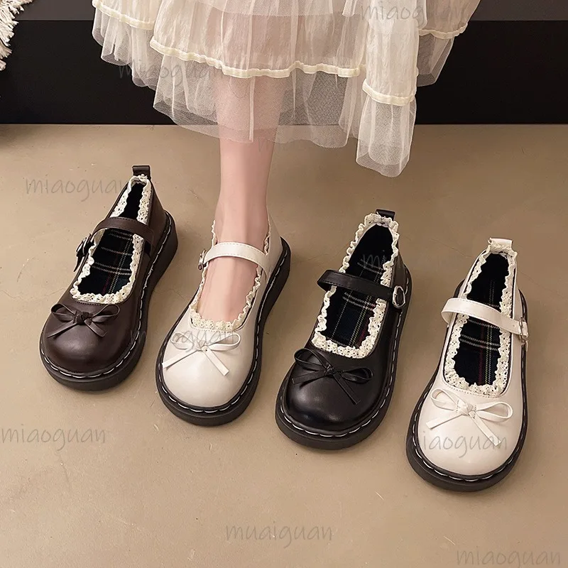 

British Style Bow Lolita Shoes Women's Round Toe Mary Jane Shoes Pu Leather Flat Mid-heel Pumps Brown Zapatos De Mujer Size 35