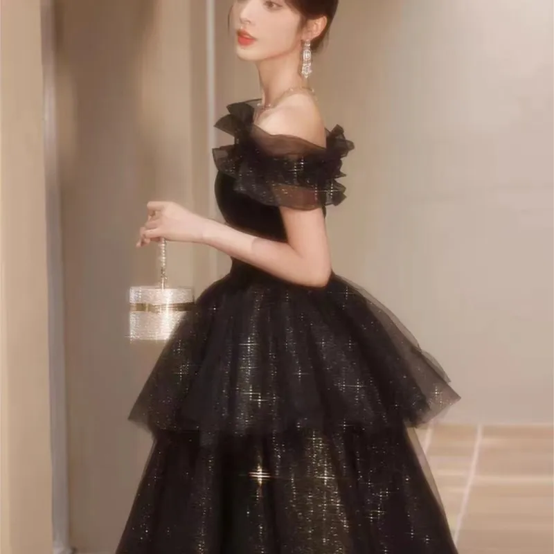 Black one-shoulder light luxury minority coming-of-age ceremony pomp banquet host art test dress