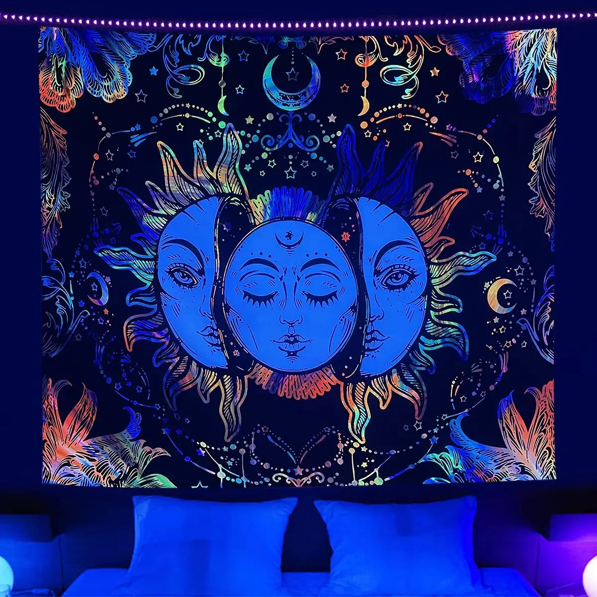 VIKAMA Psychedelic Mandala Tapestry, UV Reactive Black Light Fluorescent Hippie Wall Hanging for Room Decor