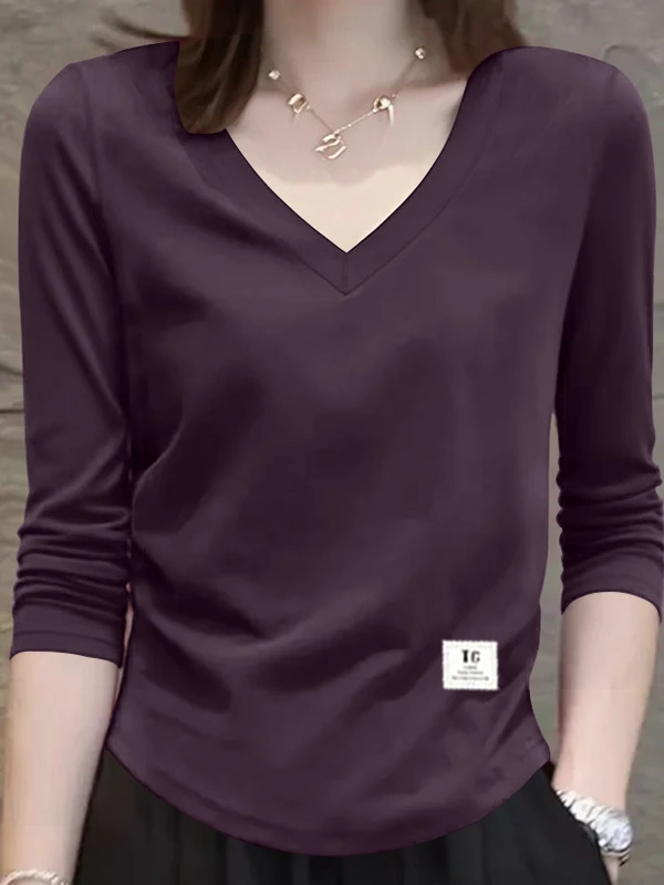 2025년 신상 여성용 면 긴팔 티셔츠 V넥 허리 조임 패셔너블 다용도 슬림 베이스 레이어 탑 한국 스타일