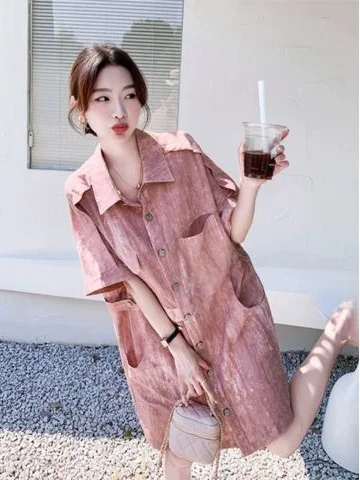 

plus Size 300 Pounds Women's Summer Korean Style Tie Dye Fake Two-Piece Dress Mid-Length A-Line Skirt Short Sleeve Neck