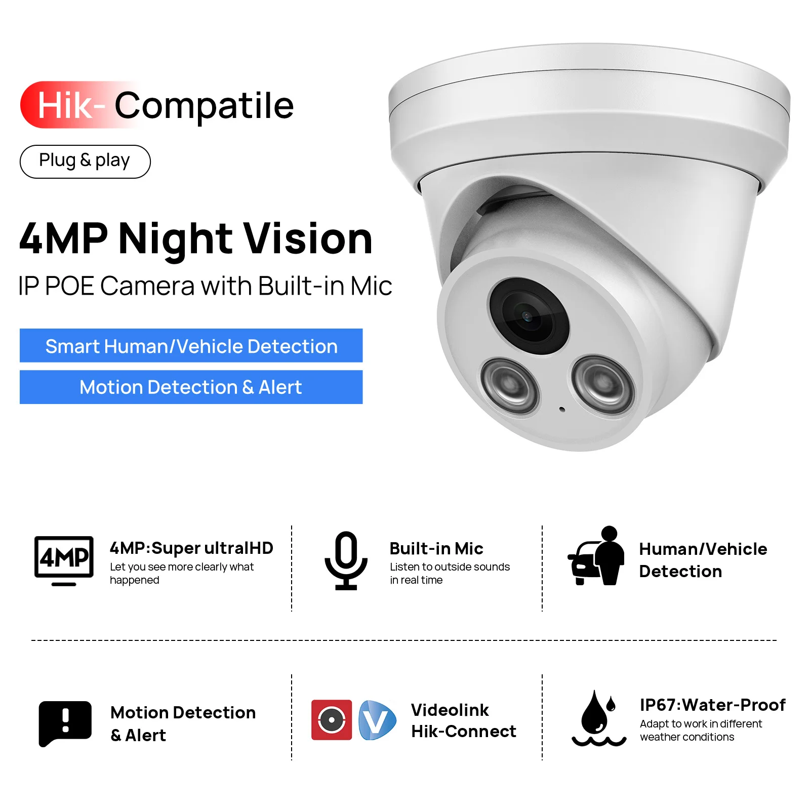 Hikvision Compatible 4MP POE Fixed Turret Network Camera IR IP Camera Built-in Mic Video Surveillance Human Vehicle Detection