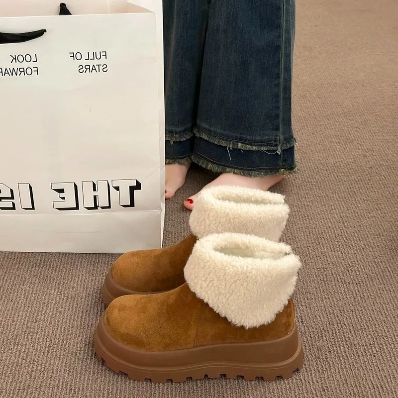 الشتاء خمر مكتنزة النساء الفراء بطانة الثلوج الأحذية موجزة الارتفاع زيادة أحذية السيدات في الهواء الطلق الراحة الدافئة القطن الجوارب القصيرة #4