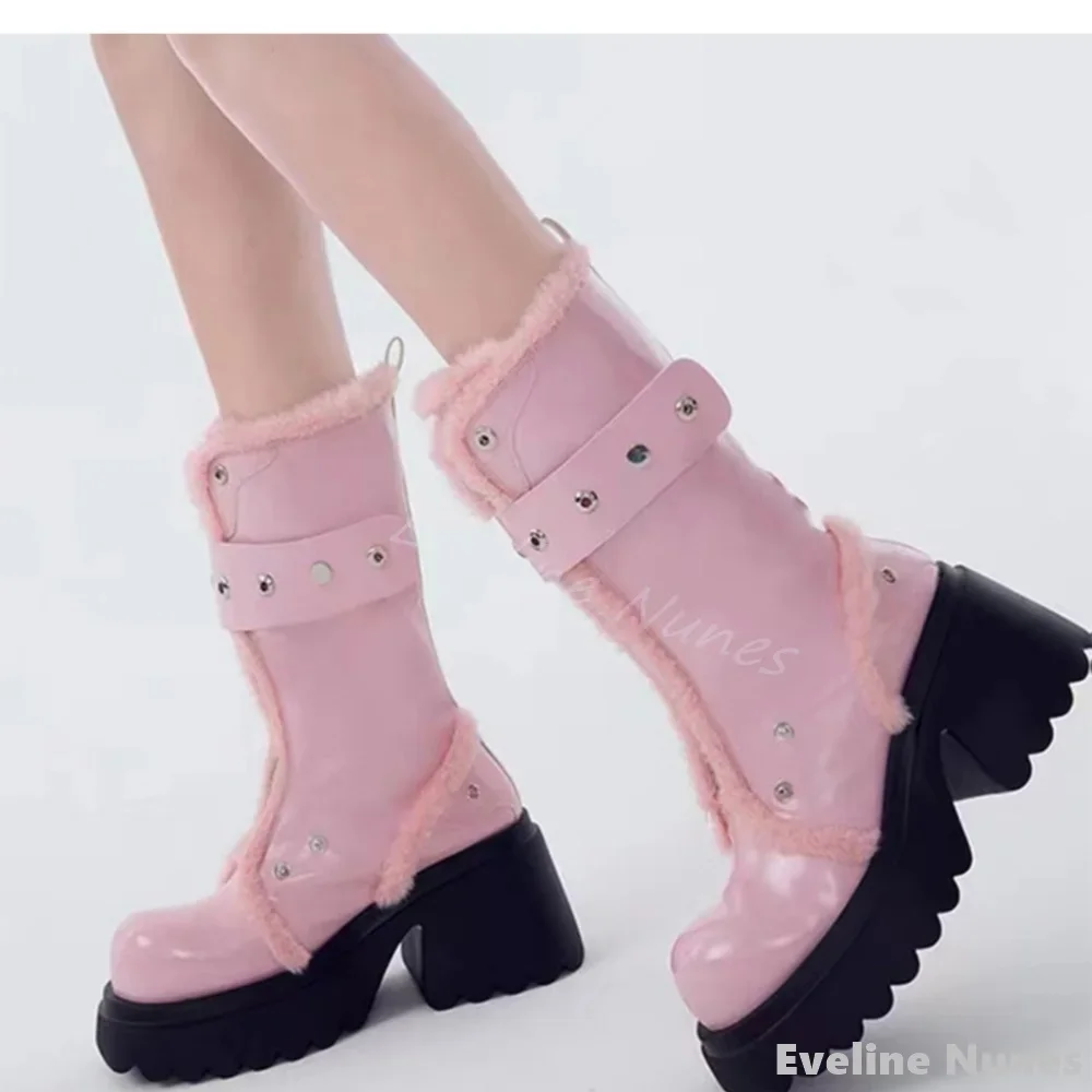 Fluff Platform Belt Buckle Snow Boots Women Round Toe Front Zipper Warm Anti Slip Boots 2024 Winter New British Style Long Boots